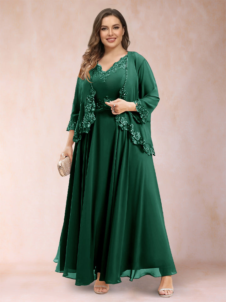 A-Line/Princess V-Neck 3/4 Sleeves 2 Pieces Plus Size Mother of the Bride Dresses with Applique