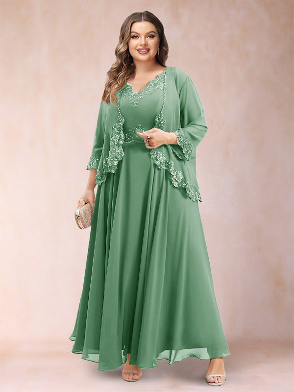 A-Line/Princess V-Neck 3/4 Sleeves 2 Pieces Plus Size Mother of the Bride Dresses with Applique
