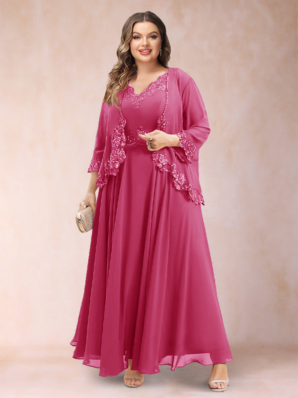 A-Line/Princess V-Neck 3/4 Sleeves 2 Pieces Plus Size Mother of the Bride Dresses with Applique