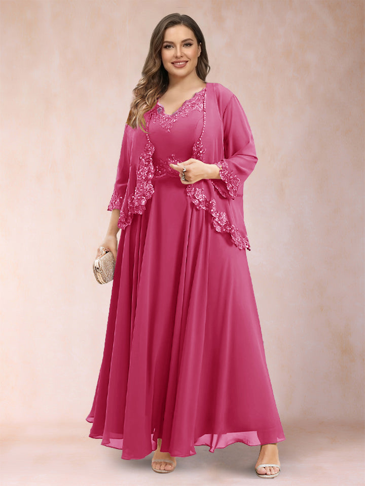 A-Line/Princess V-Neck 3/4 Sleeves 2 Pieces Plus Size Mother of the Bride Dresses with Applique