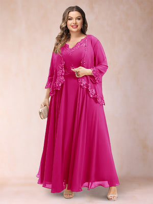 A-Line/Princess V-Neck 3/4 Sleeves 2 Pieces Plus Size Mother of the Bride Dresses with Applique