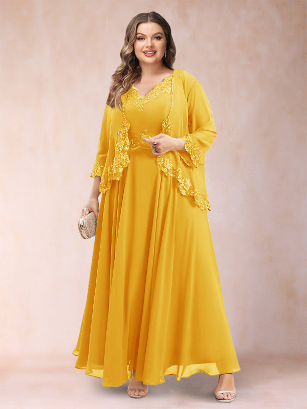 A-Line/Princess V-Neck 3/4 Sleeves 2 Pieces Plus Size Mother of the Bride Dresses with Applique