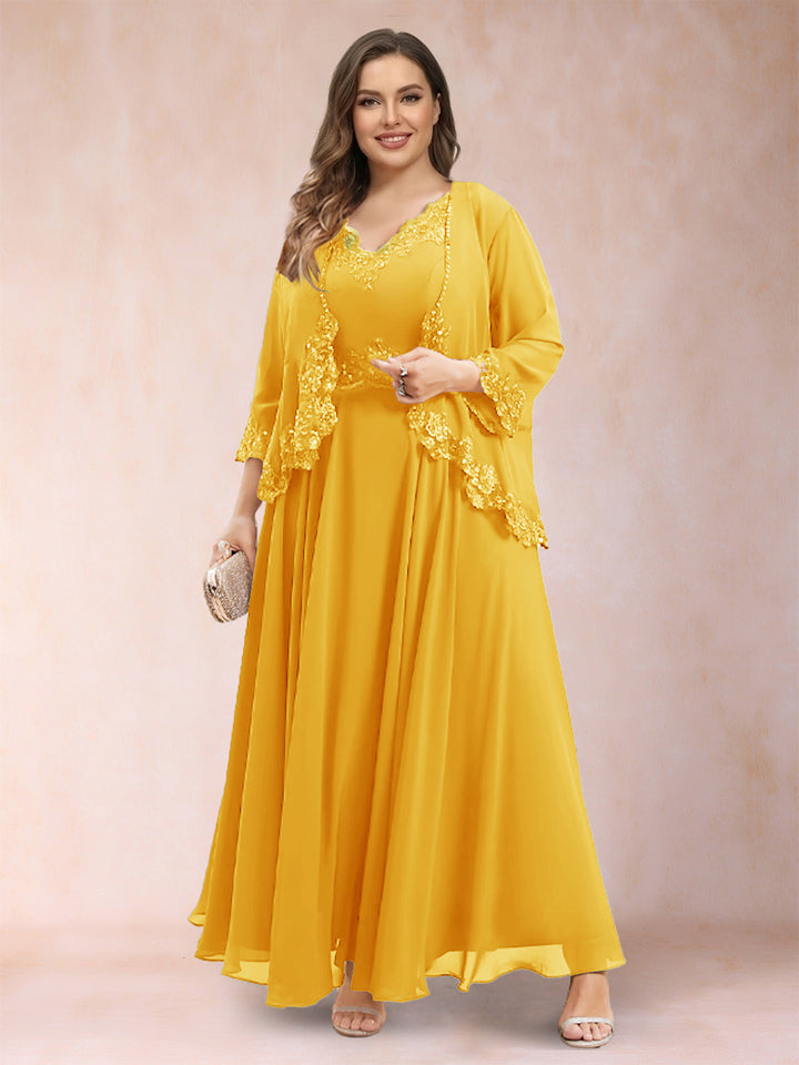 A-Line/Princess V-Neck 3/4 Sleeves 2 Pieces Plus Size Mother of the Bride Dresses with Applique