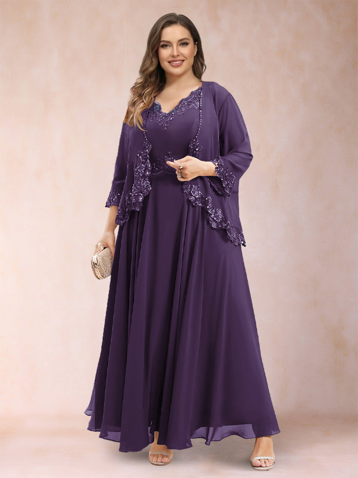 A-Line/Princess V-Neck 3/4 Sleeves 2 Pieces Plus Size Mother of the Bride Dresses with Applique