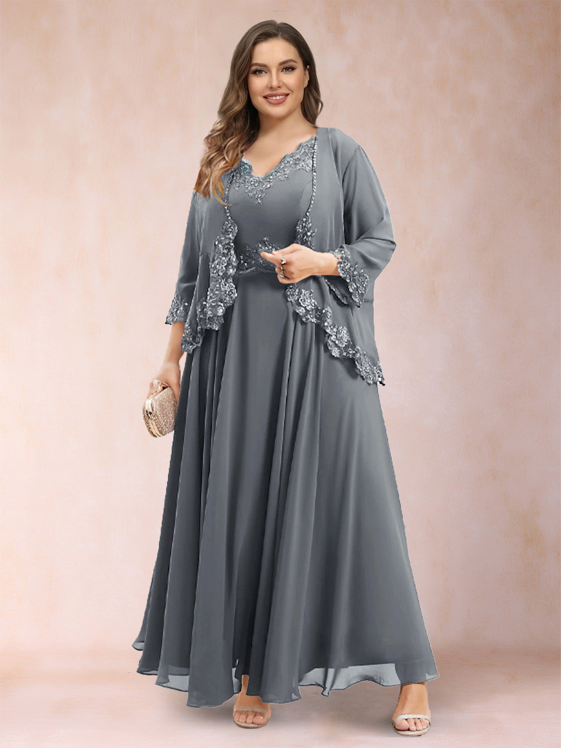 A-Line/Princess V-Neck 3/4 Sleeves 2 Pieces Plus Size Mother of the Bride Dresses with Applique