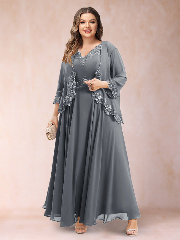 A-Line/Princess V-Neck 3/4 Sleeves 2 Pieces Plus Size Mother of the Bride Dresses with Applique