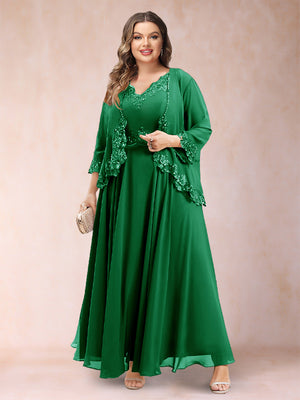 A-Line/Princess V-Neck 3/4 Sleeves 2 Pieces Plus Size Mother of the Bride Dresses with Applique