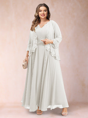 A-Line/Princess V-Neck 3/4 Sleeves 2 Pieces Plus Size Mother of the Bride Dresses with Applique