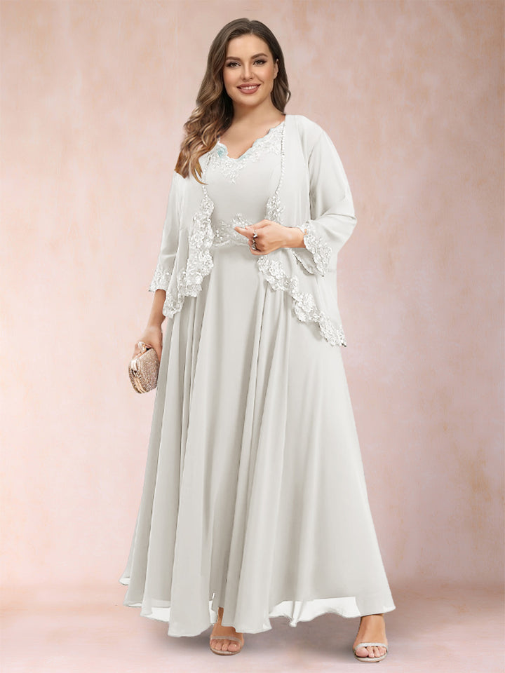 A-Line/Princess V-Neck 3/4 Sleeves 2 Pieces Plus Size Mother of the Bride Dresses with Applique