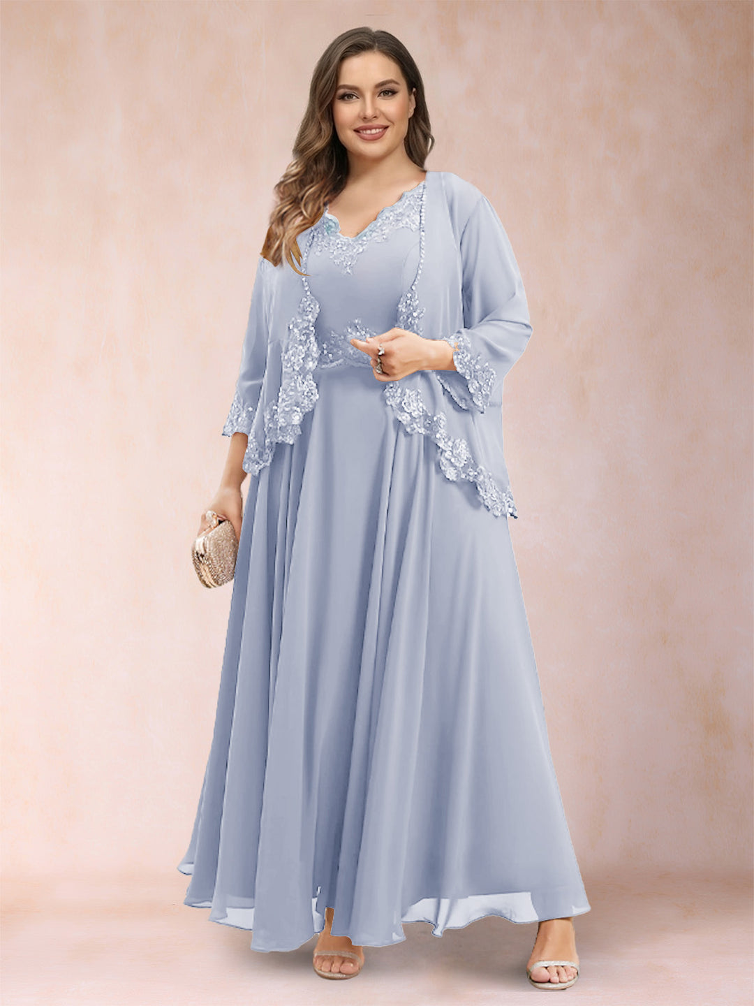 A-Line/Princess V-Neck 3/4 Sleeves 2 Pieces Plus Size Mother of the Bride Dresses with Applique