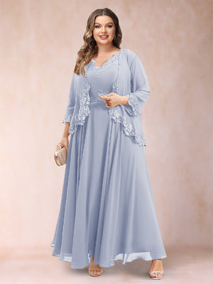 A-Line/Princess V-Neck 3/4 Sleeves 2 Pieces Plus Size Mother of the Bride Dresses with Applique