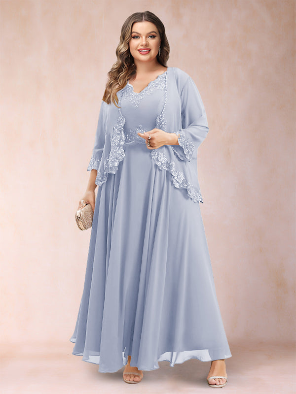 A-Line/Princess V-Neck 3/4 Sleeves 2 Pieces Plus Size Mother of the Bride Dresses with Applique