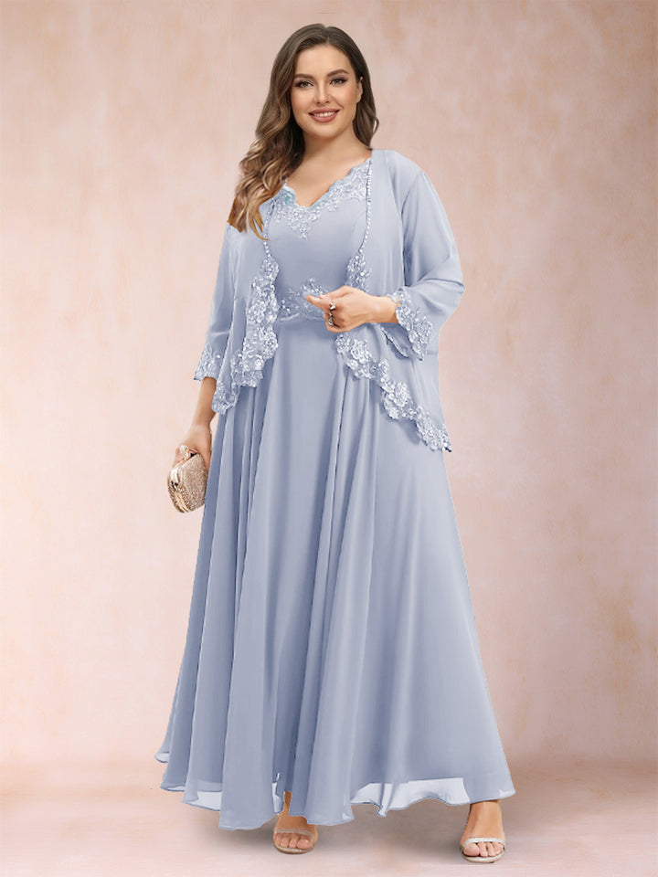 A-Line/Princess V-Neck 3/4 Sleeves 2 Pieces Plus Size Mother of the Bride Dresses with Applique
