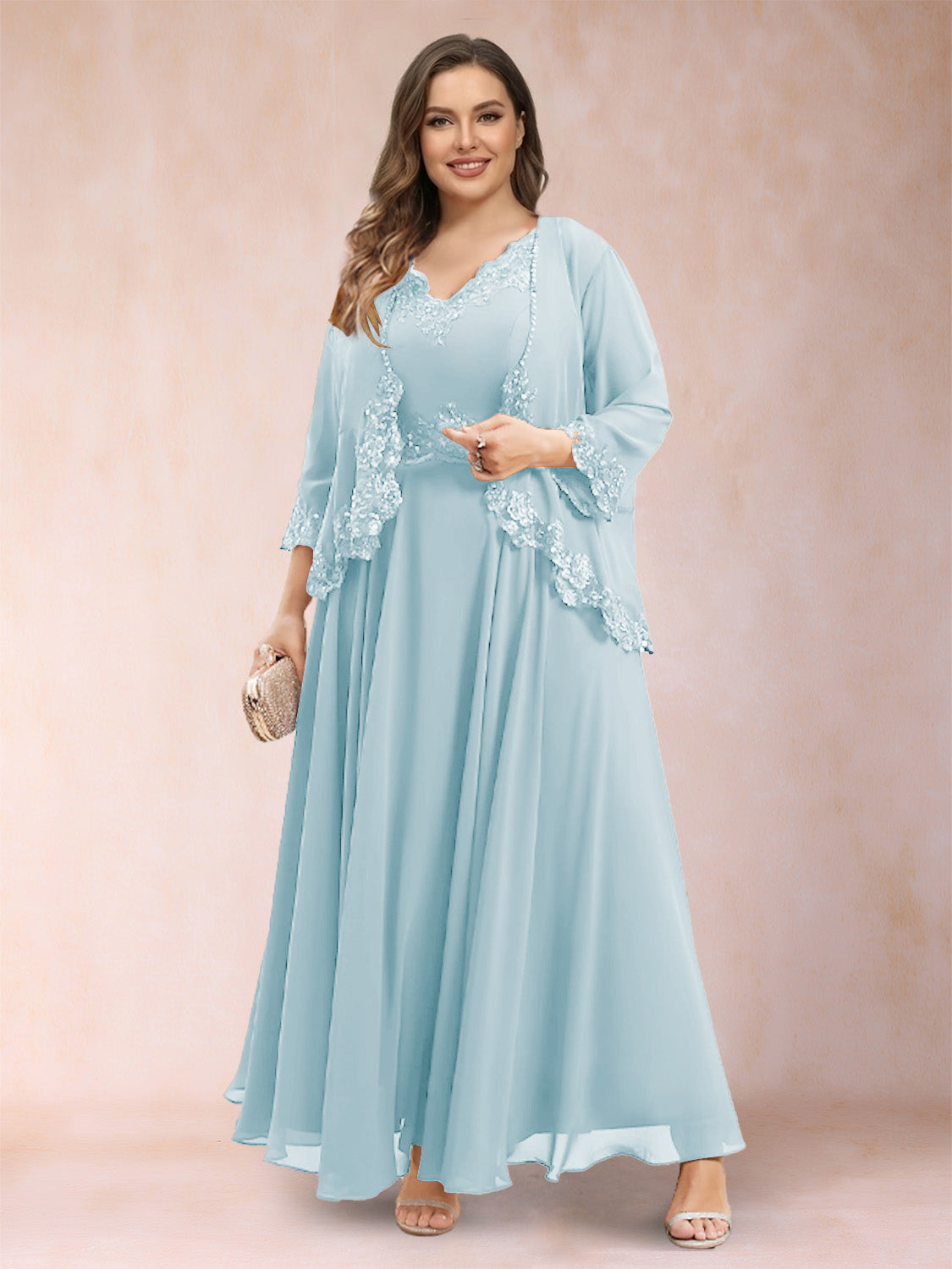 A-Line/Princess V-Neck 3/4 Sleeves 2 Pieces Plus Size Mother of the Bride Dresses with Applique