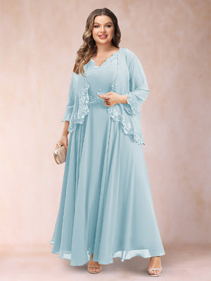 A-Line/Princess V-Neck 3/4 Sleeves 2 Pieces Plus Size Mother of the Bride Dresses with Applique