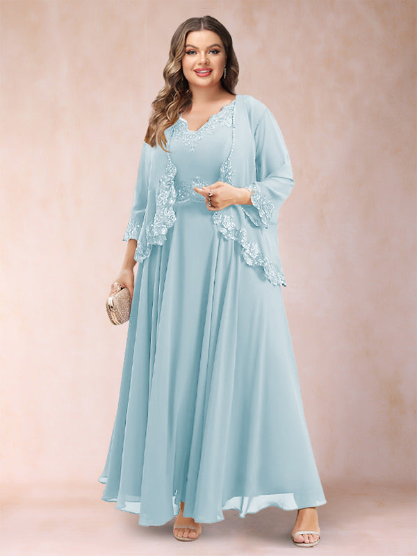 A-Line/Princess V-Neck 3/4 Sleeves 2 Pieces Plus Size Mother of the Bride Dresses with Applique