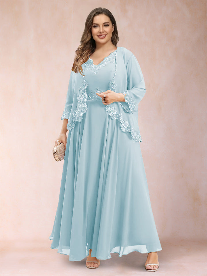 A-Line/Princess V-Neck 3/4 Sleeves 2 Pieces Plus Size Mother of the Bride Dresses with Applique