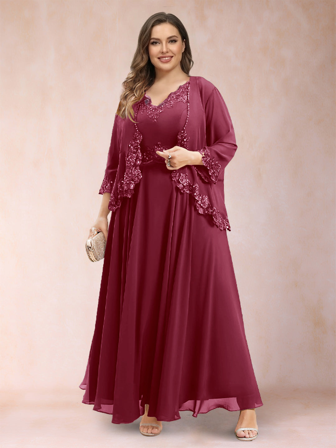 A-Line/Princess V-Neck 3/4 Sleeves 2 Pieces Plus Size Mother of the Bride Dresses with Applique