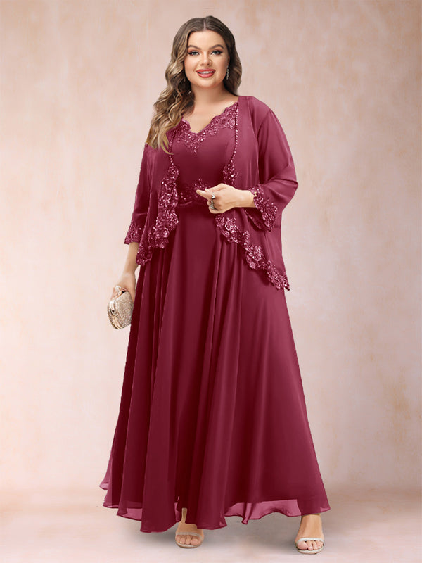 A-Line/Princess V-Neck 3/4 Sleeves 2 Pieces Plus Size Mother of the Bride Dresses with Applique