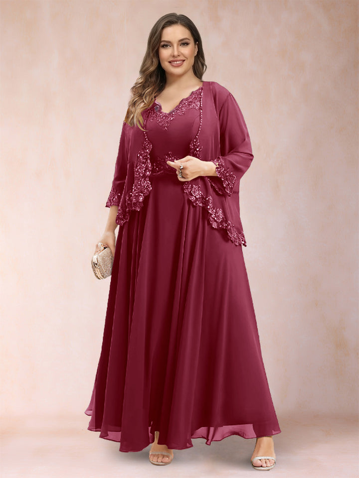 A-Line/Princess V-Neck 3/4 Sleeves 2 Pieces Plus Size Mother of the Bride Dresses with Applique