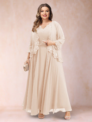 A-Line/Princess V-Neck 3/4 Sleeves 2 Pieces Plus Size Mother of the Bride Dresses with Applique
