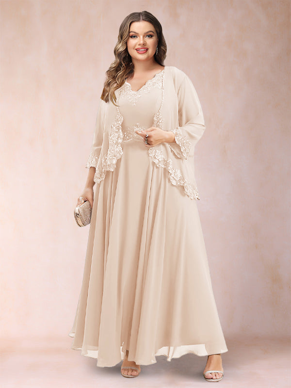 A-Line/Princess V-Neck 3/4 Sleeves 2 Pieces Plus Size Mother of the Bride Dresses with Applique