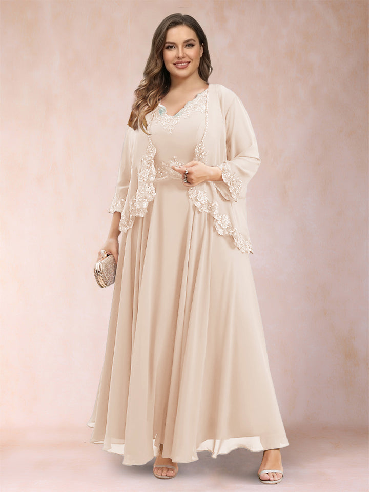 A-Line/Princess V-Neck 3/4 Sleeves 2 Pieces Plus Size Mother of the Bride Dresses with Applique