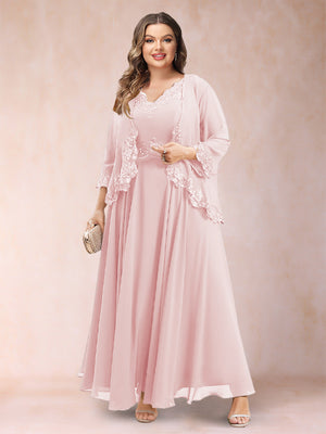 A-Line/Princess V-Neck 3/4 Sleeves 2 Pieces Plus Size Mother of the Bride Dresses with Applique