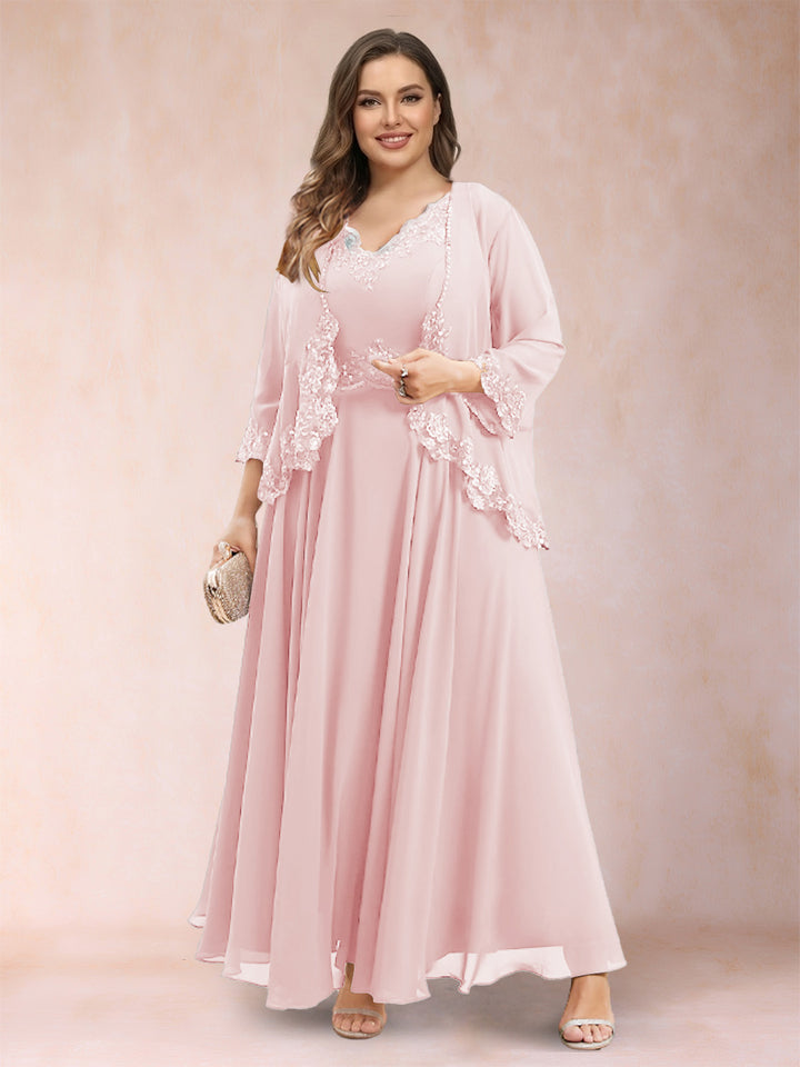 A-Line/Princess V-Neck 3/4 Sleeves 2 Pieces Plus Size Mother of the Bride Dresses with Applique
