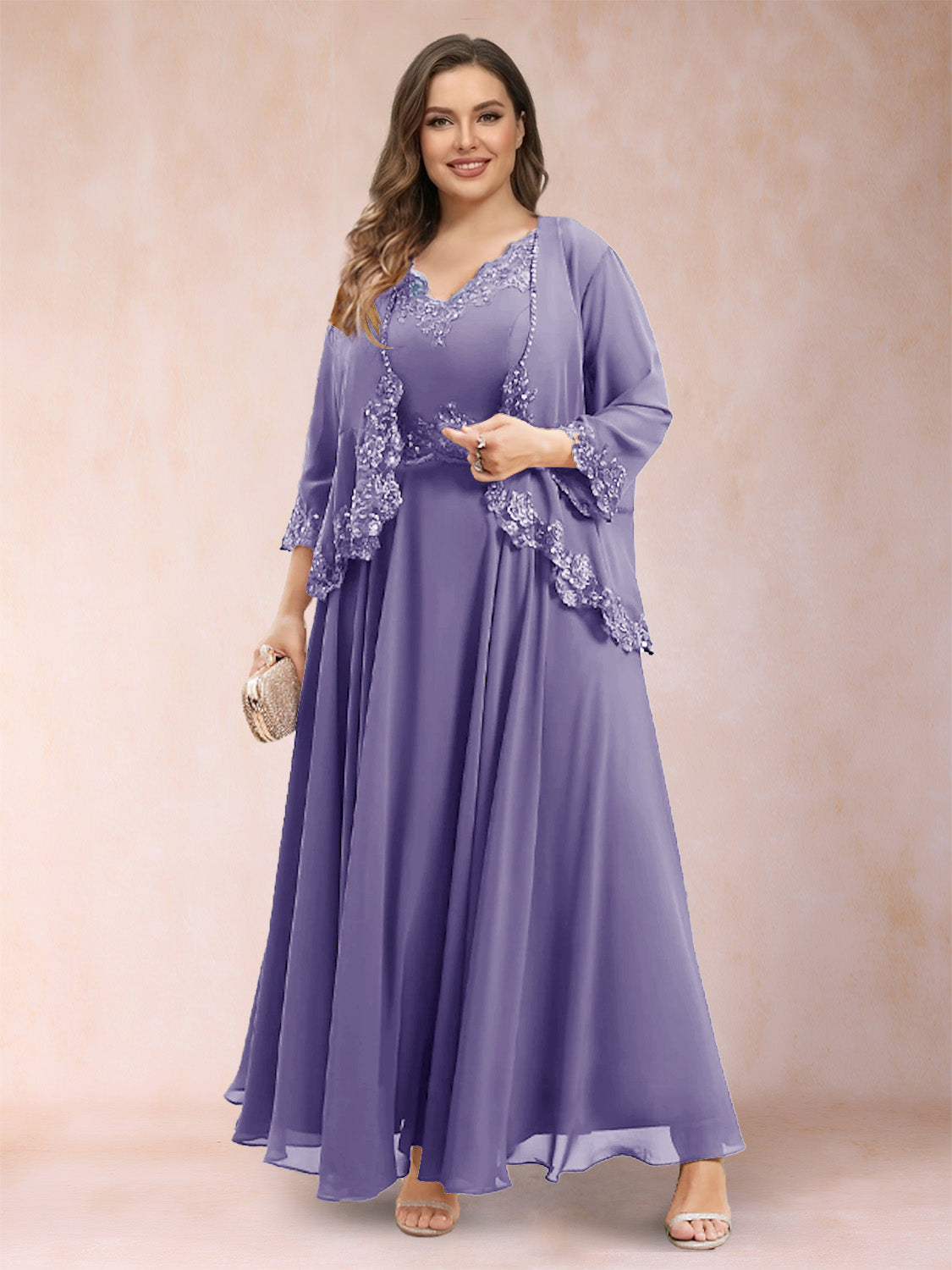 A-Line/Princess V-Neck 3/4 Sleeves 2 Pieces Plus Size Mother of the Bride Dresses with Applique