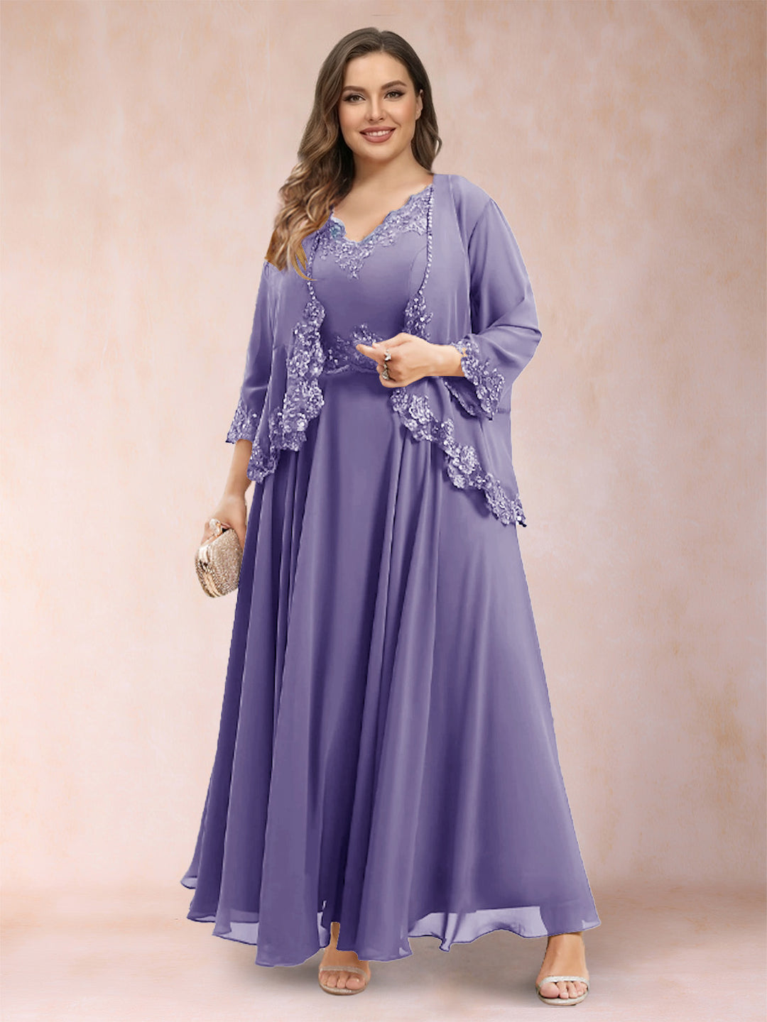 A-Line/Princess V-Neck 3/4 Sleeves 2 Pieces Plus Size Mother of the Bride Dresses with Applique