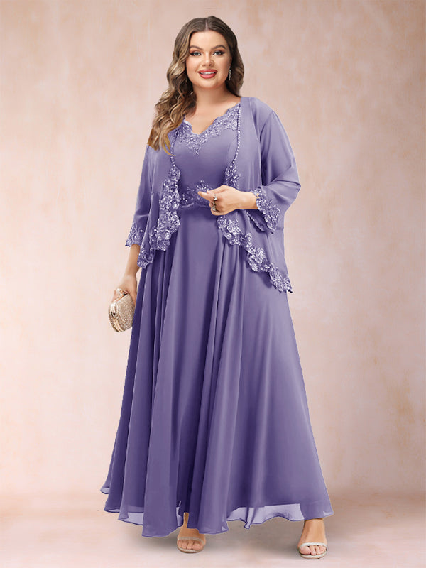 A-Line/Princess V-Neck 3/4 Sleeves 2 Pieces Plus Size Mother of the Bride Dresses with Applique