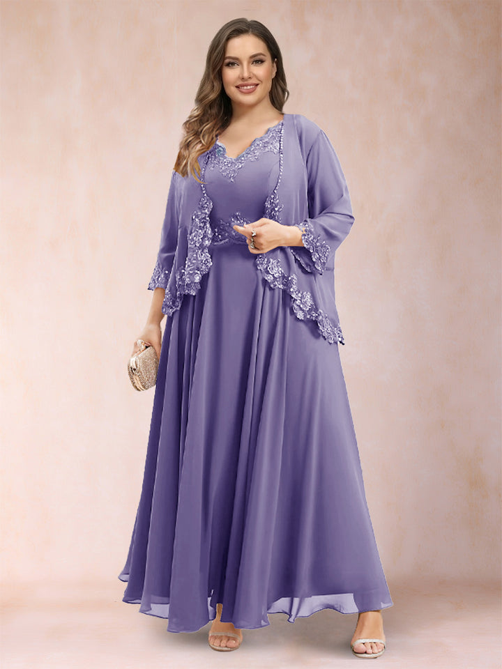 A-Line/Princess V-Neck 3/4 Sleeves 2 Pieces Plus Size Mother of the Bride Dresses with Applique