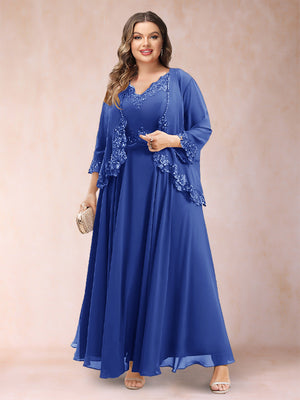A-Line/Princess V-Neck 3/4 Sleeves 2 Pieces Plus Size Mother of the Bride Dresses with Applique