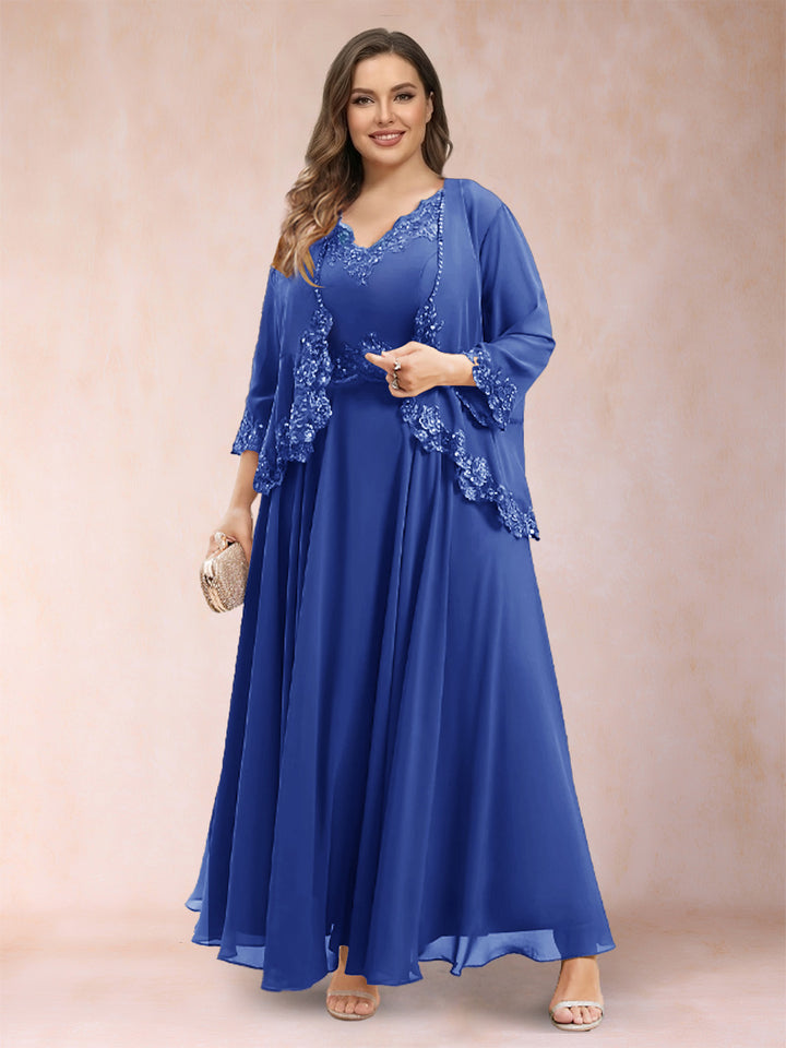 A-Line/Princess V-Neck 3/4 Sleeves 2 Pieces Plus Size Mother of the Bride Dresses with Applique