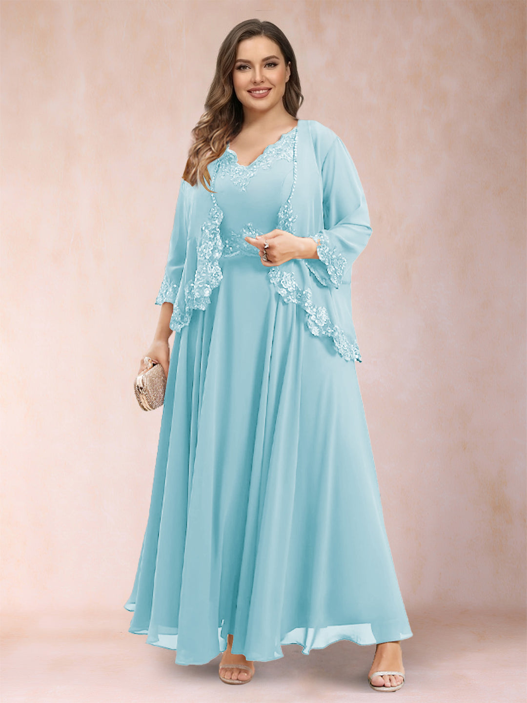 A-Line/Princess V-Neck 3/4 Sleeves 2 Pieces Plus Size Mother of the Bride Dresses with Applique
