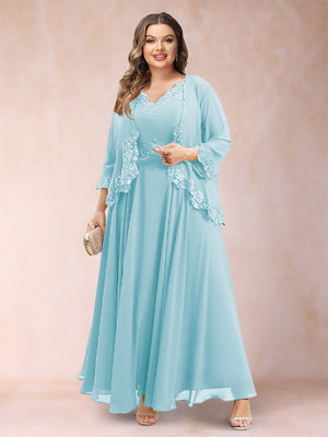 A-Line/Princess V-Neck 3/4 Sleeves 2 Pieces Plus Size Mother of the Bride Dresses with Applique
