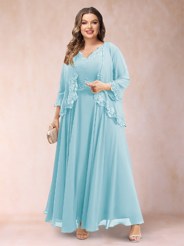 A-Line/Princess V-Neck 3/4 Sleeves 2 Pieces Plus Size Mother of the Bride Dresses with Applique