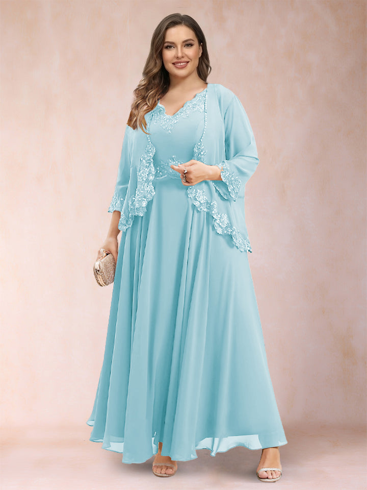 A-Line/Princess V-Neck 3/4 Sleeves 2 Pieces Plus Size Mother of the Bride Dresses with Applique