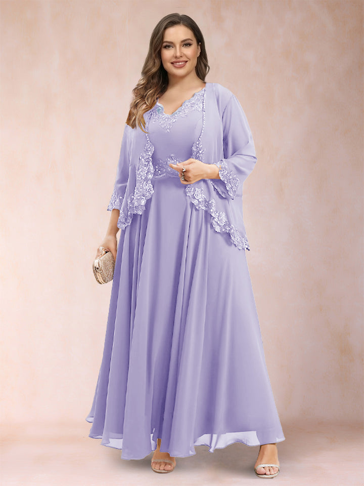 A-Line/Princess V-Neck 3/4 Sleeves 2 Pieces Plus Size Mother of the Bride Dresses with Applique