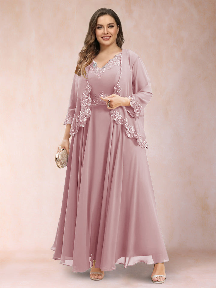 A-Line/Princess V-Neck 3/4 Sleeves 2 Pieces Plus Size Mother of the Bride Dresses with Applique