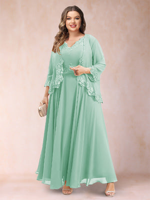 A-Line/Princess V-Neck 3/4 Sleeves 2 Pieces Plus Size Mother of the Bride Dresses with Applique