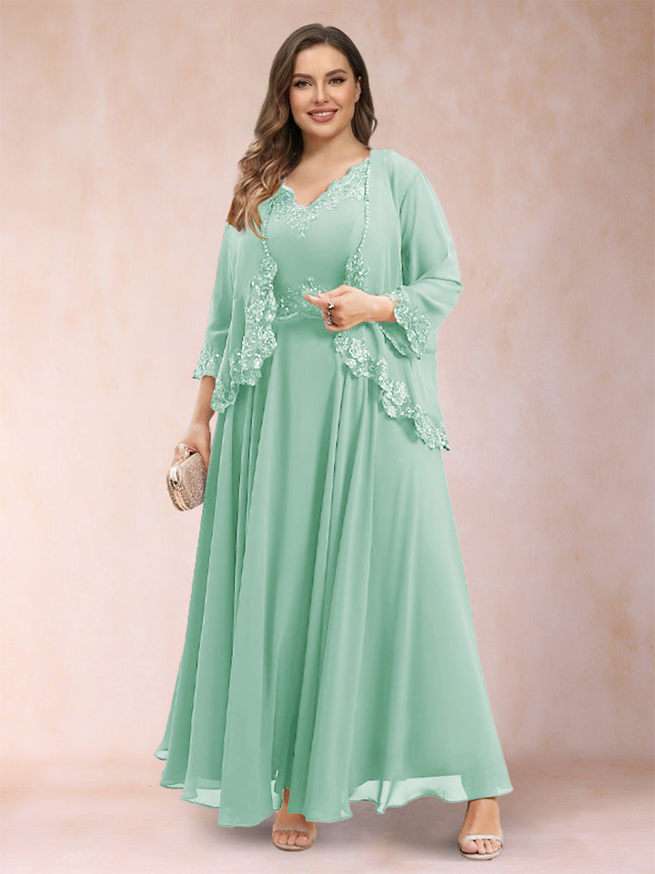 A-Line/Princess V-Neck 3/4 Sleeves 2 Pieces Plus Size Mother of the Bride Dresses with Applique