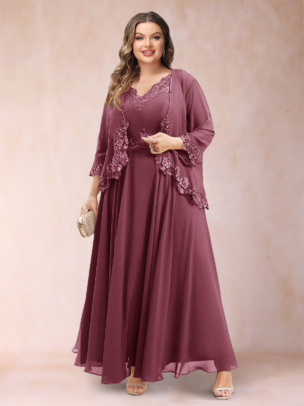 A-Line/Princess V-Neck 3/4 Sleeves 2 Pieces Plus Size Mother of the Bride Dresses with Applique