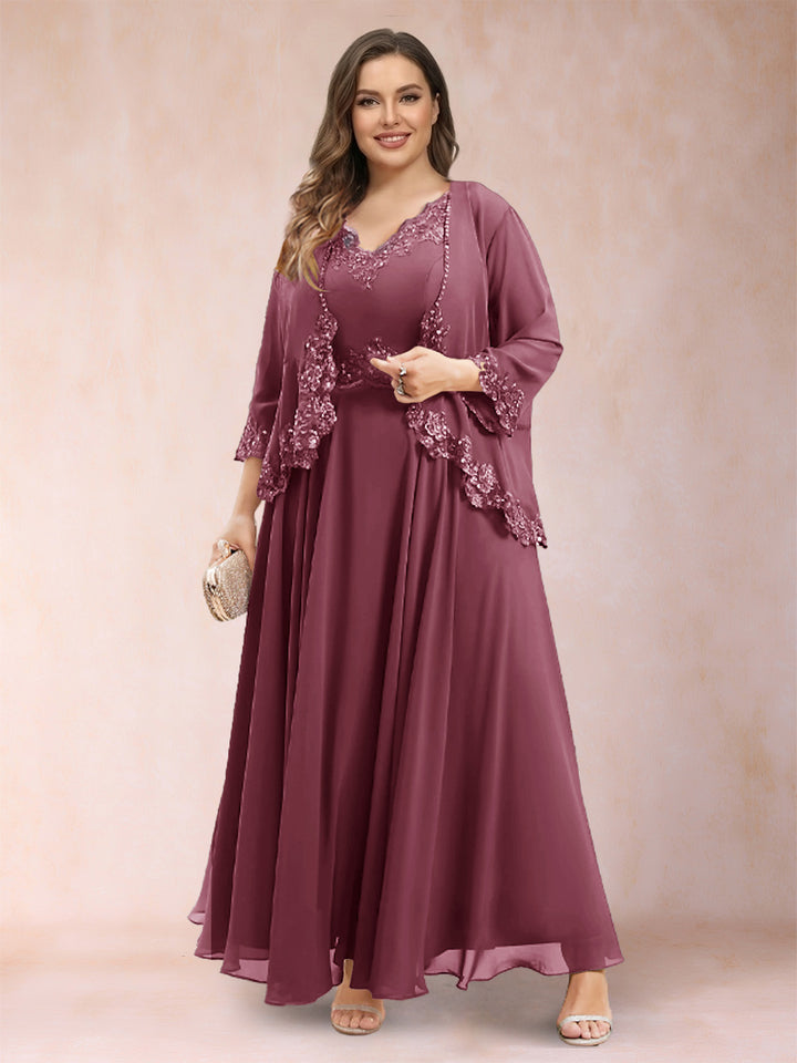 A-Line/Princess V-Neck 3/4 Sleeves 2 Pieces Plus Size Mother of the Bride Dresses with Applique
