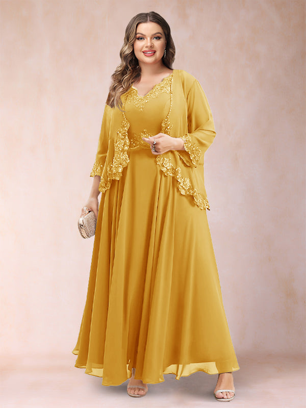 A-Line/Princess V-Neck 3/4 Sleeves 2 Pieces Plus Size Mother of the Bride Dresses with Applique