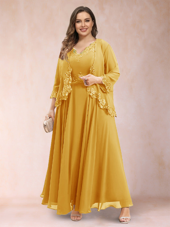 A-Line/Princess V-Neck 3/4 Sleeves 2 Pieces Plus Size Mother of the Bride Dresses with Applique