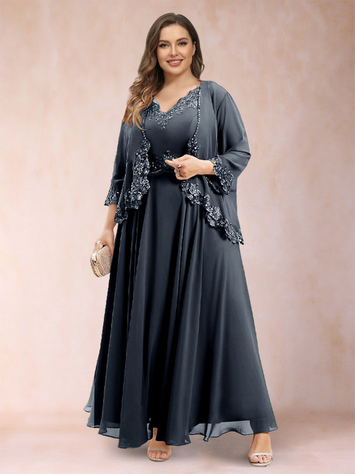 A-Line/Princess V-Neck 3/4 Sleeves 2 Pieces Plus Size Mother of the Bride Dresses with Applique