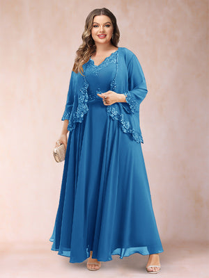 A-Line/Princess V-Neck 3/4 Sleeves 2 Pieces Plus Size Mother of the Bride Dresses with Applique
