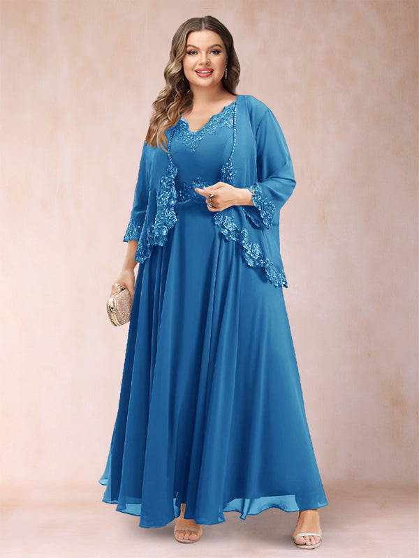 A-Line/Princess V-Neck 3/4 Sleeves 2 Pieces Plus Size Mother of the Bride Dresses with Applique